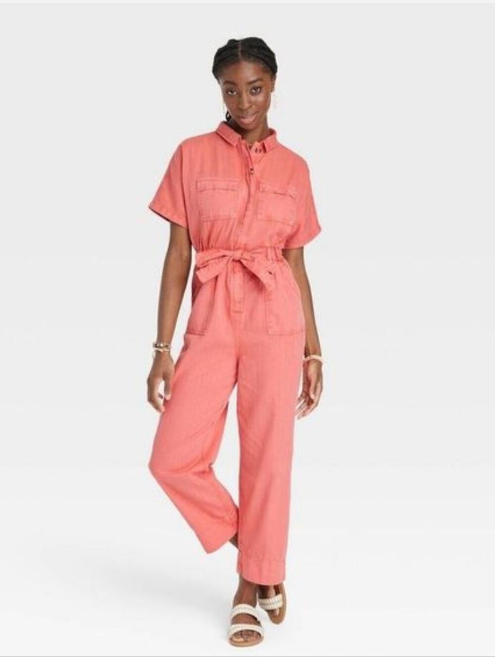 UNIVERSAL THREAD Coral Tie-Waist Short-Sleeve Utility Jumpsuit Sz 10